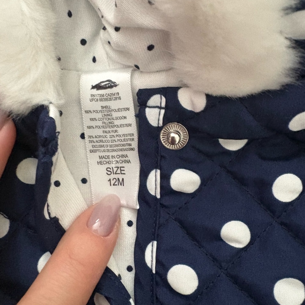 Little Me Navy Polka Dot Puffer Jacket with Red Bow - Picture 2 of 3
